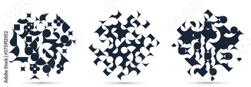 Abstract geometric designs set vector pattern compositions, black and white 70s retro style templates art isolated over white, creative elegant backgrounds.