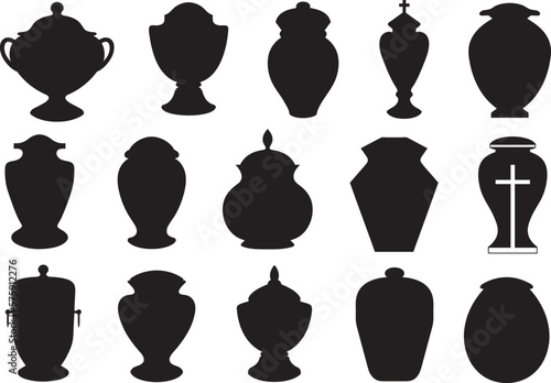 Set of different funeral cremation urns isolated on white