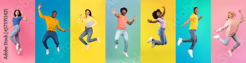 Set of positive multiethnic men and women jumping over colorful studio backgrounds