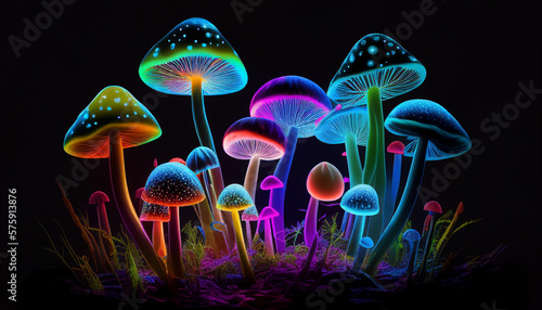 Multicolored glowing mushrooms in the dark. Generative AI