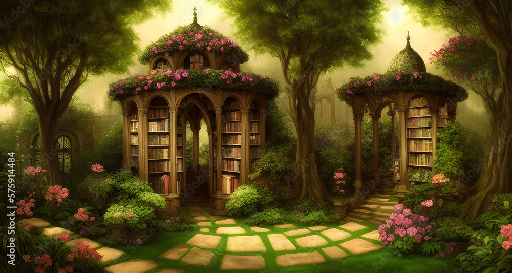 AI Digital Illustration Library In A Fantasy Mystical Garden