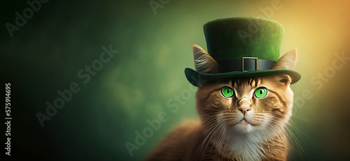 Beautiful cat in a green hat on blurred background. St. Patrick's Day. Generative AI