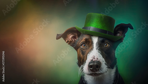 Cute Dog with Green St. Patrick's Day Hat on a blurred colored background. Generative AI © Gelpi