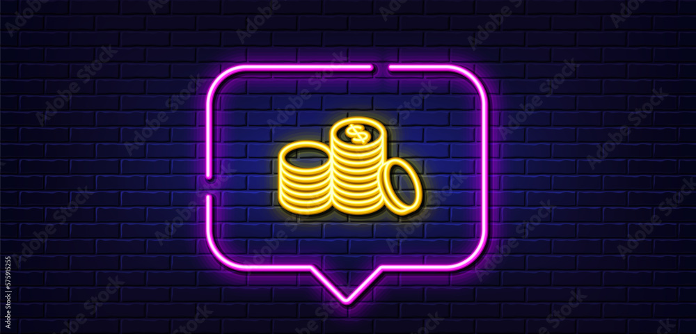 Neon light speech bubble. Coins money line icon. Banking currency sign. Cash symbol. Neon light background. Banking money glow line. Brick wall banner. Vector Neon light speech bubble. Coins money line icon. Banking currency sign. Cash symbol. Neon light background. Banking money glow line. Brick wall banner. Vector