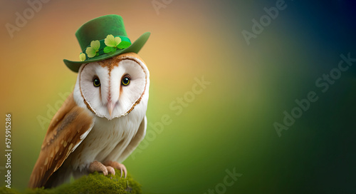 White owl with green hat on a natural background. Saint Patrick Day. Generative AI