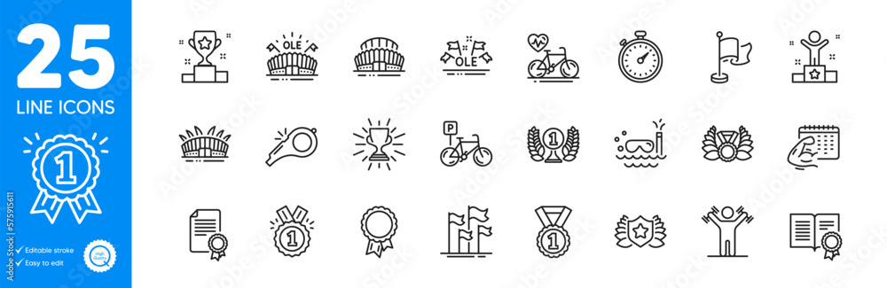 Outline icons set. Whistle, Sports arena and Ole chant icons. Flag, Arena stadium, Laureate web elements. Success, Sports stadium, Reward signs. Trophy, Fitness calendar, Laureate award. Vector Outline icons set. Whistle, Sports arena and Ole chant icons. Flag, Arena stadium, Laureate web elements. Success, Sports stadium, Reward signs. Trophy, Fitness calendar, Laureate award. Vector