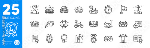 Outline icons set. Whistle, Sports arena and Ole chant icons. Flag, Arena stadium, Laureate web elements. Success, Sports stadium, Reward signs. Trophy, Fitness calendar, Laureate award. Vector