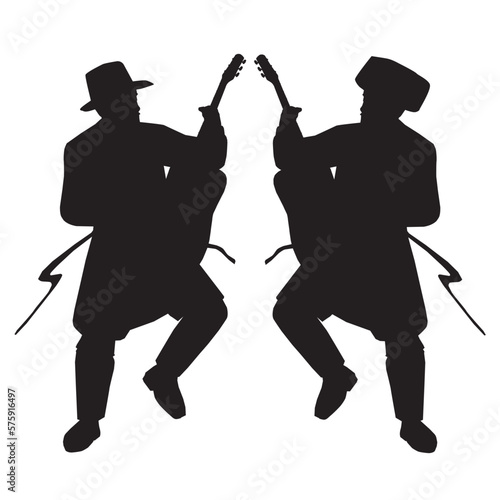 2 Jewish followers dancing and playing the guitar.
Flat vector silhouettes. Black on a white background.
The figures are dressed in long coats and sashes fluttering to the sides as they move. 