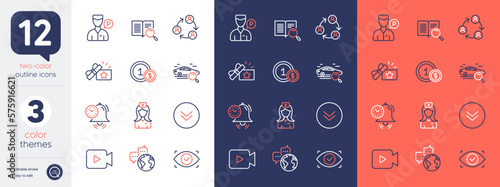 Set of Search car, Hospital nurse and Usd coins line icons. Include Valet servant, Video camera, Loyalty gift icons. Time management, Scroll down, Search text web elements. Vector