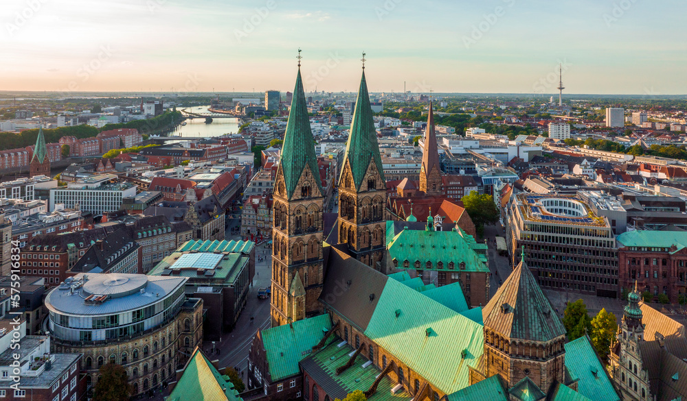 Bremen, Germany. Aerial View on Historical Center of Bremen, Marktplatz at Sunrise.