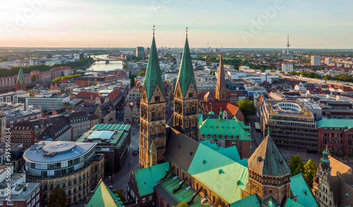 Bremen, Germany. Aerial View on Historical Center of Bremen, Marktplatz at Sunrise.