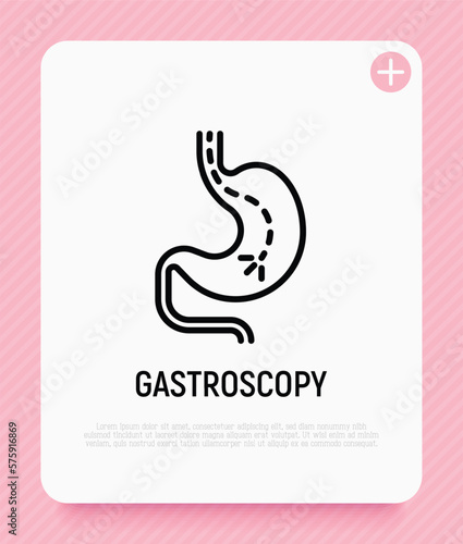 Gastroscopy thin line icon: endoscope in stomach. Medical test. Modern vector illustration.