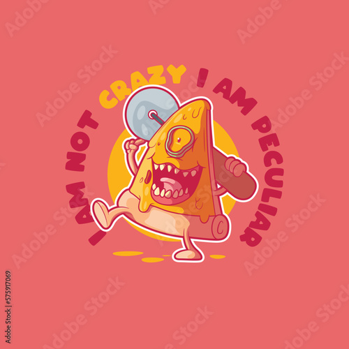 Crazy pizza slice character vector illustration. Funny, mascot, food design concept.