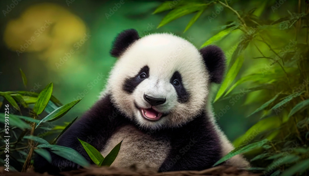 Cute baby panda on green tropical leaves background. Generative AI. Illustration Cute baby panda on green tropical leaves background. Generative AI. Illustration