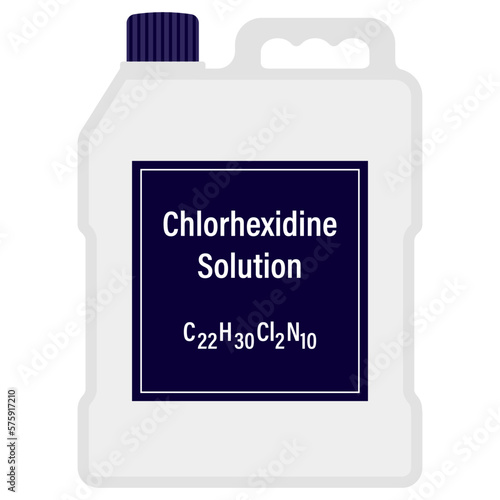 Chlorhexidine solution in a big plastic bottle with formula vector illustration isolated on a white background.