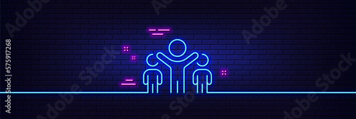 Neon light glow effect. Winner line icon. Best success sign. First place symbol. 3d line neon glow icon. Brick wall banner. Winner outline. Vector