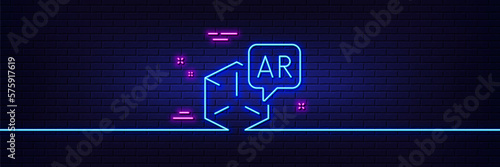 Neon light glow effect. Augmented reality line icon. VR simulation sign. 3d cube symbol. 3d line neon glow icon. Brick wall banner. Augmented reality outline. Vector