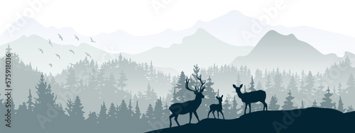 Horizontal banner. Silhouette of deer, doe, fawn standing on hill, forest and mountains in background. Magical misty landscape, fog. Blue and gray illustration. Bookmark.