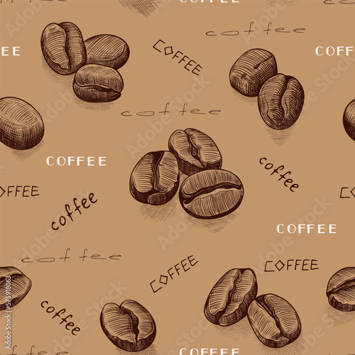 Seamless pattern with coffee beans on kraft paper with handwritten text. .Hand-drawn vector .illustration in vintage style..