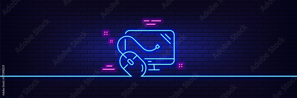 Neon light glow effect. Computer line icon. PC mouse component sign. Monitor symbol. 3d line neon glow icon. Brick wall banner. Computer mouse outline. Vector Neon light glow effect. Computer line icon. PC mouse component sign. Monitor symbol. 3d line neon glow icon. Brick wall banner. Computer mouse outline. Vector