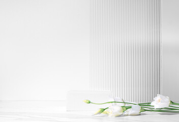 Summer minimal scene for beauty cosmetic product presentation made with white cube podium and Lysianthus flower on white background.