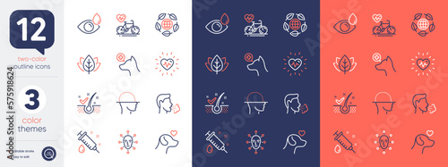 Set of Organic tested, Medical syringe and Eye drops line icons. Include Cough, Eco organic, Anti-dandruff flakes icons. Heartbeat, Pets care, Face biometrics web elements. Cardio bike. Vector