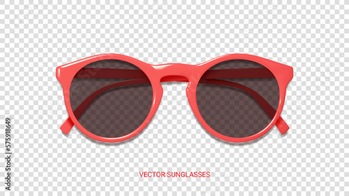 Realistic pink fashion sunglasses. Modern summer accessory design. 3d summer symbol isolated on checkered background. Realistic sunglasses.