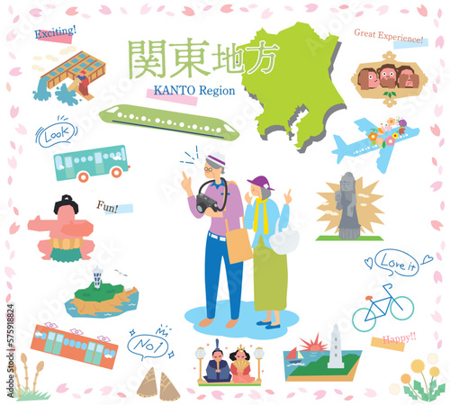 日本の関東地方の春の名物観光を楽しむシニア夫婦、アイコンのセット（フラット）