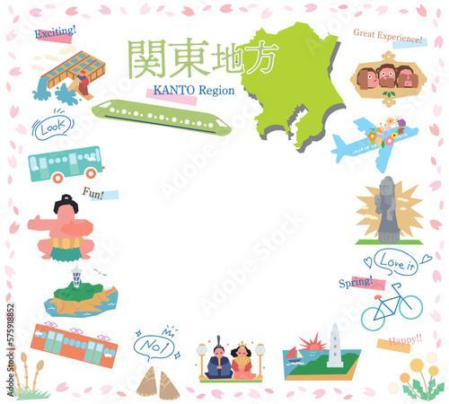 日本の関東地方の春の名物観光のアイコンのセット（フラット）
