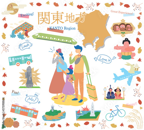 日本の関東地方の秋の名物観光を楽しむ三人家族、アイコンのセット（フラット）