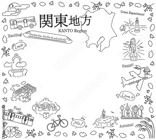日本の関東地方の秋の名物観光のアイコンのセット（線画白黒）
