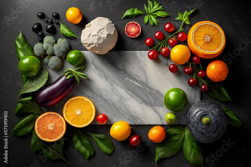 Top view of fresh harvest vegetables and fruits arranged on a marble background. Free copy space to display your own content. Advertising banner illustration. Food style photography. Generative AI.
