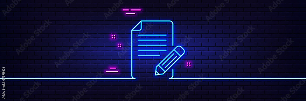 Neon light glow effect. Feedback line icon. Page with pencil sign. Copywriting symbol. 3d line neon glow icon. Brick wall banner. Article outline. Vector Neon light glow effect. Feedback line icon. Page with pencil sign. Copywriting symbol. 3d line neon glow icon. Brick wall banner. Article outline. Vector
