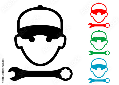 Símbolo servicio técnico. Icono aislado de manitas con silueta de cabeza de hombre con gorra de béisbol y herramienta llave
