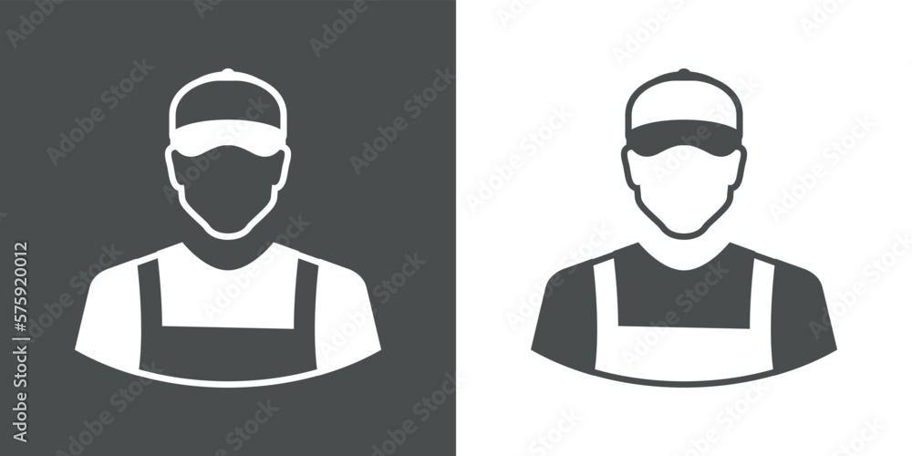 Símbolo servicio técnico. Icono de manitas con silueta de hombre con ropa de trabajo y gorra de béisbol - obrazy, fototapety, plakaty 