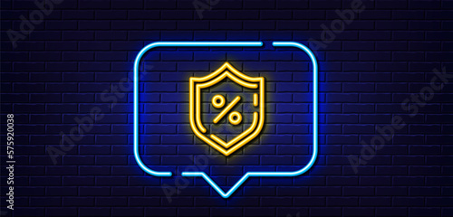 Neon light speech bubble. Loan percent line icon. Protection shield sign. Credit percentage symbol. Neon light background. Loan percent glow line. Brick wall banner. Vector