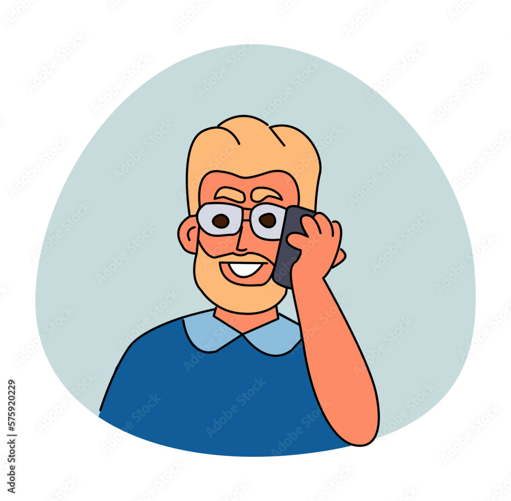 A young man with a beard and glasses is talking on the phone. Vector colored doodle portrait.