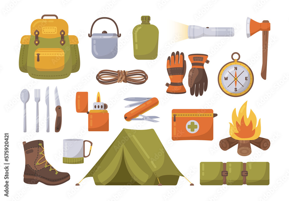 Bushcraft Camping Kit Illustration set Stock Template