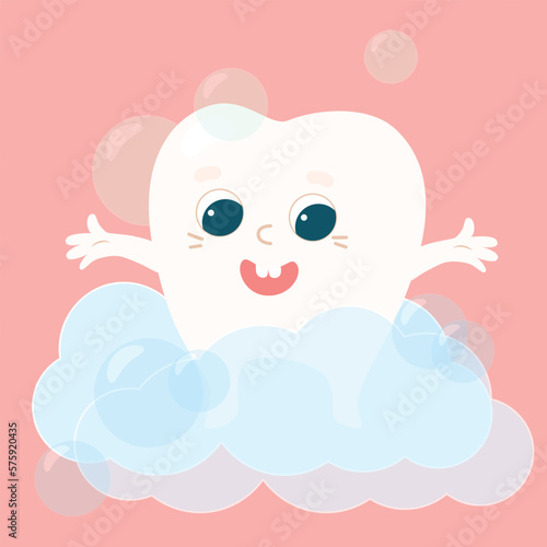 Funny tooth in a healthy soft pink mouth in toothpaste bubbles. The tooth is happy and smiling. Care and health of children's teeth.