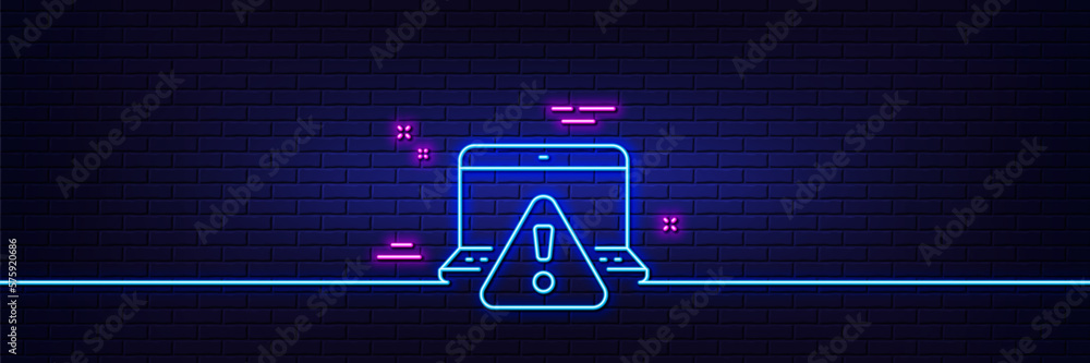 Neon light glow effect. Online warning line icon. Attention triangle sign. Internet caution symbol. 3d line neon glow icon. Brick wall banner. Online warning outline. Vector Neon light glow effect. Online warning line icon. Attention triangle sign. Internet caution symbol. 3d line neon glow icon. Brick wall banner. Online warning outline. Vector
