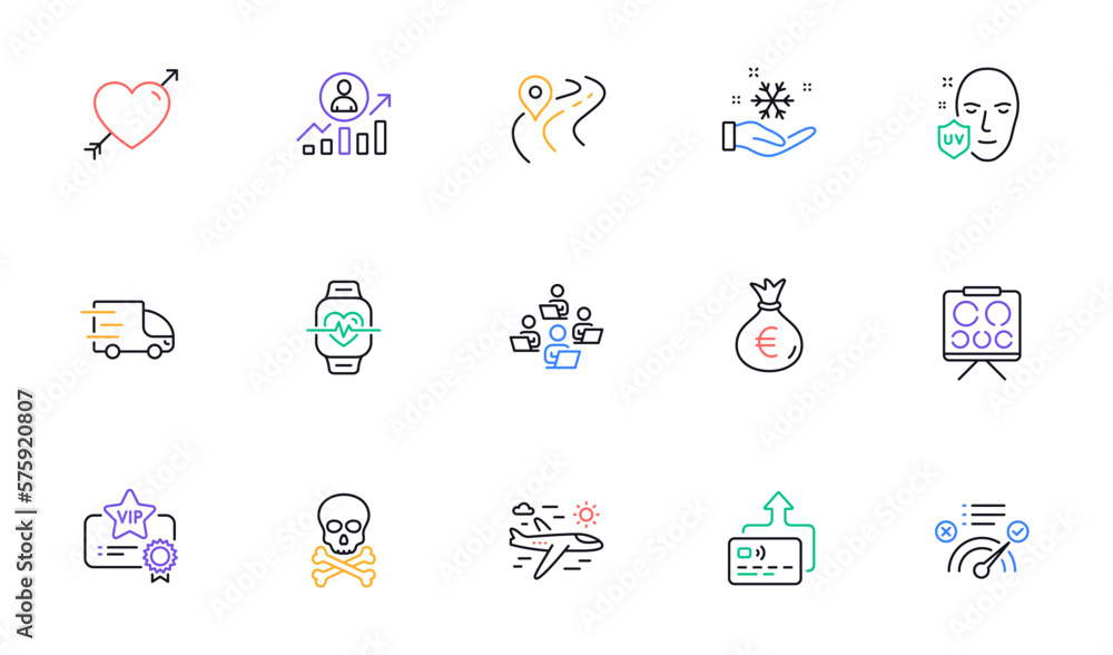 Career ladder, Cardio training and Vip certificate line icons for website, printing. Collection of Airplane travel, Road, Teamwork icons. Money bag, Love, Card web elements. Vector