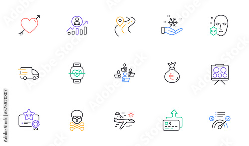 Career ladder, Cardio training and Vip certificate line icons for website, printing. Collection of Airplane travel, Road, Teamwork icons. Money bag, Love, Card web elements. Vector