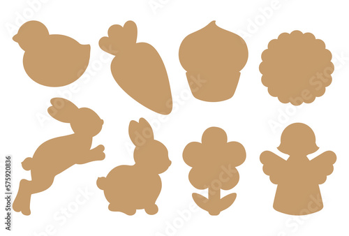 Easter bunny, flower, egg silhouette shapes. Spring design template with cute rabbit silhouettes for die cutting craft, Easter cookie cutter shapes, or gift tag label. Simple minimal spring symbols.
