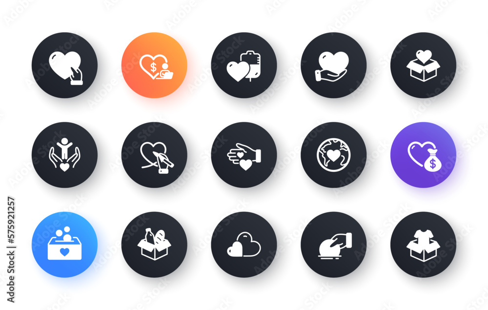 Donate and Charity icons. Volunteer help, Global hunger, Food box. Helping hand, Heart donate and Care service icons. Donation or Blood collection, Money charity and Food care. Vector Donate and Charity icons. Volunteer help, Global hunger, Food box. Helping hand, Heart donate and Care service icons. Donation or Blood collection, Money charity and Food care. Vector