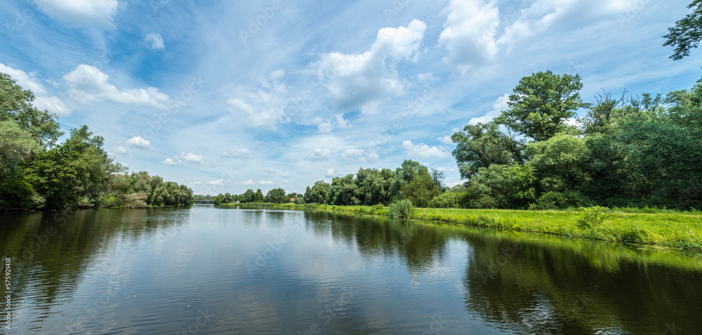 Panorama einer Flusslandschaft vom Wasser aus gesehen, viel Textfreiraum
