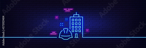 Neon light glow effect. Construction building line icon. Engineer or architect helmet sign. Industrial engineering symbol. 3d line neon glow icon. Brick wall banner. Vector