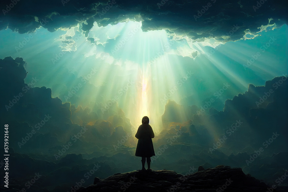 silhouette of a person in the mountains  with fantasy heavenly light 