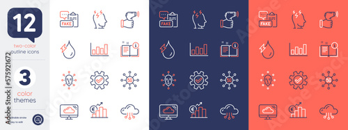 Set of Manual, Fake document and Service line icons. Include Stress, Euro rate, Electronic thermometer icons. Hydroelectricity, Report diagram, Cloud computing web elements. Vector