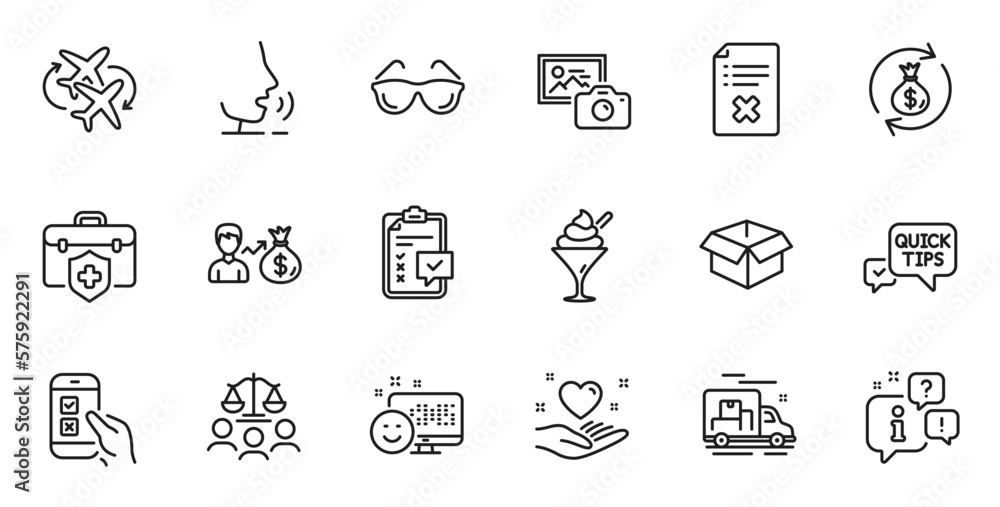 Outline set of Ice cream, Medical insurance and Connecting flight line icons for web application. Talk, information, delivery truck outline icon. Vector Outline set of Ice cream, Medical insurance and Connecting flight line icons for web application. Talk, information, delivery truck outline icon. Vector