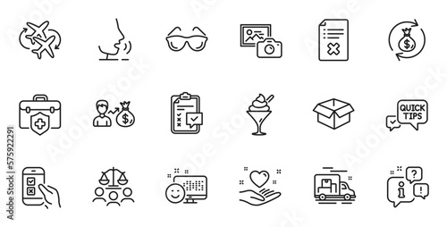 Outline set of Ice cream  Medical insurance and Connecting flight line icons for web application. Talk  information  delivery truck outline icon. Vector